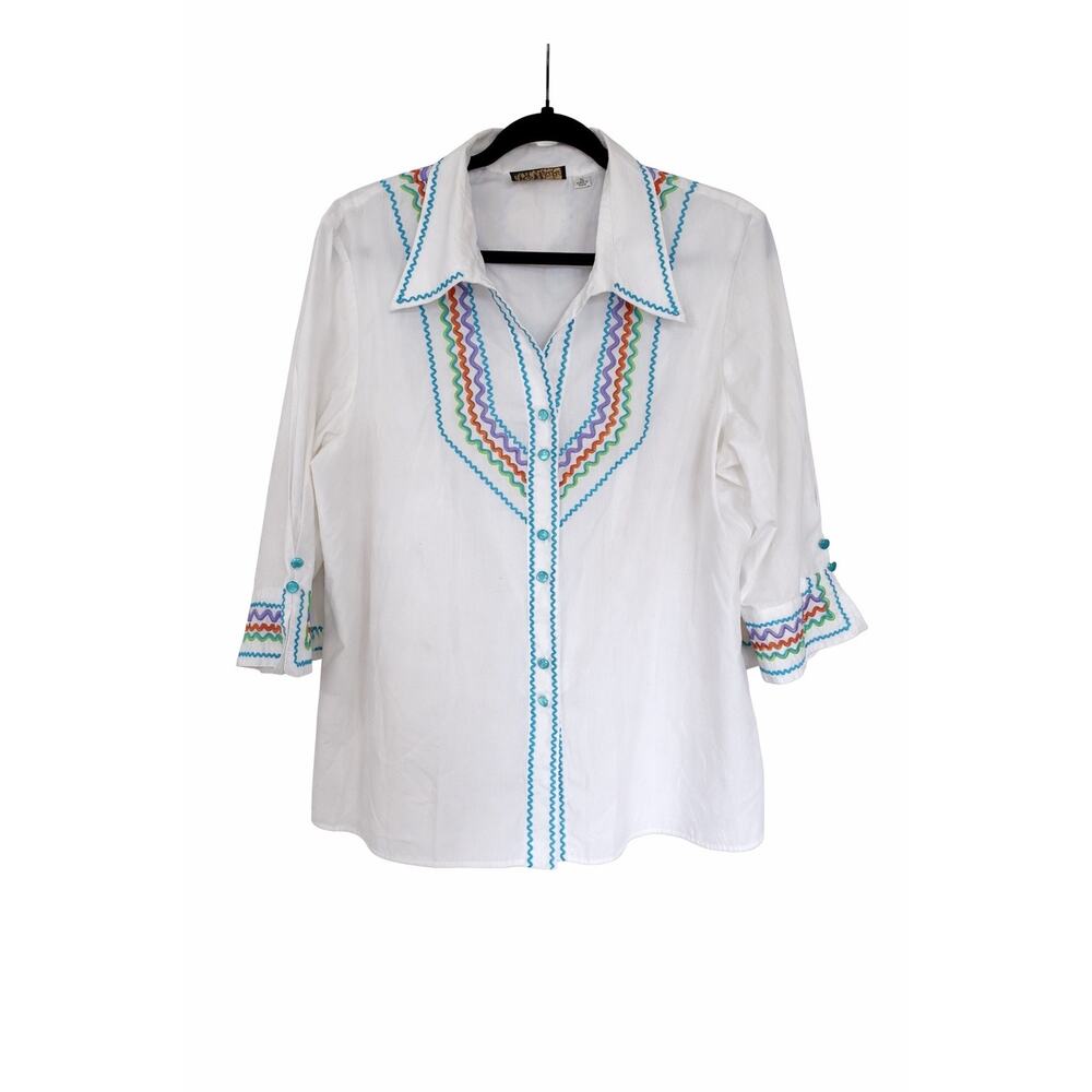 Bob Mackie Wearable Art XL White Ric Rac Embroidered Western Boho Cowgirl Top